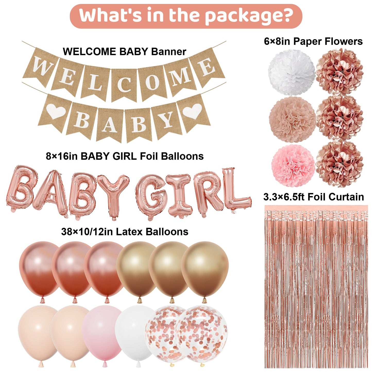 Ouddy Party Rose Gold Baby Shower Decorations – Banner, Balloons & Fringes