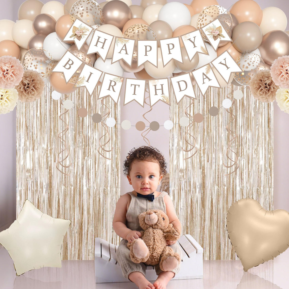 Ouddy Party Neutral Birthday Decorations for Women – Beige Cream Boho Balloon Kit