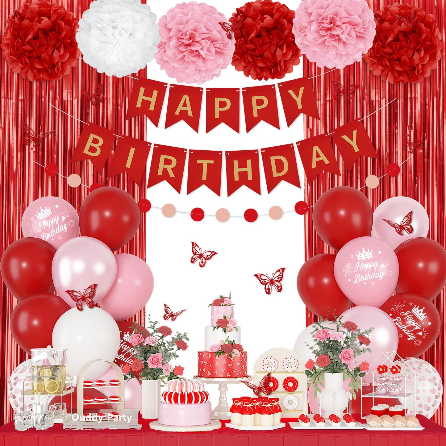 Ouddy Party Red Birthday Decorations – Confetti Balloons, Fringe Curtain, Banners & More