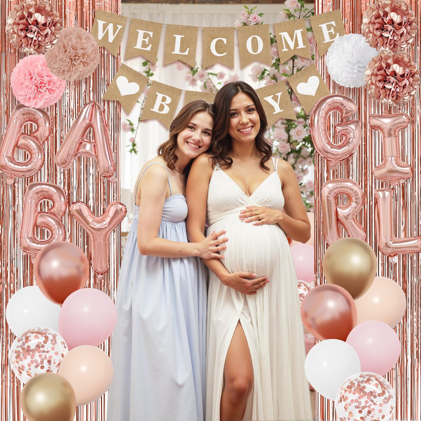 Ouddy Party Rose Gold Baby Shower Decorations – Banner, Balloons & Fringes