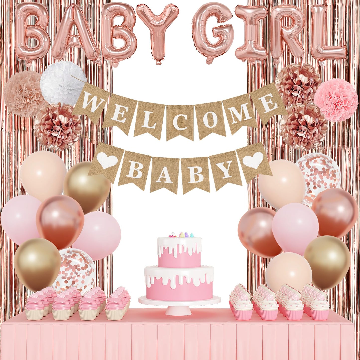 Ouddy Party Rose Gold Baby Shower Decorations – Banner, Balloons & Fringes