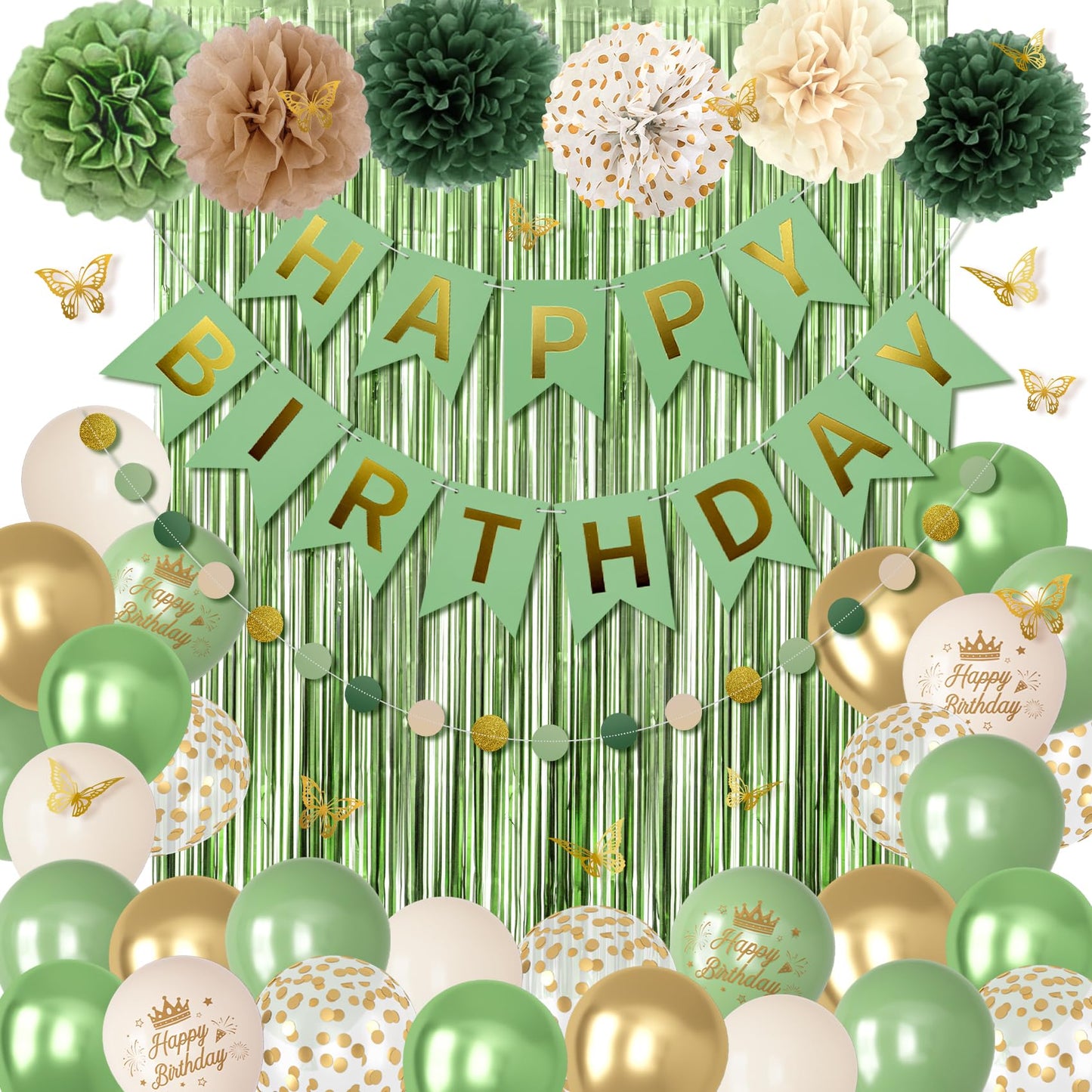 Ouddy Party Sage Green Birthday Decorations – Balloons, Fringe Curtain, Banners & Pompoms