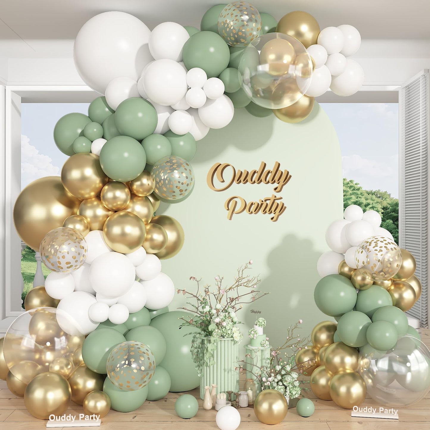 Ouddy Party Sage Green White Gold Balloon Arch Garland Kit – 149 Pcs + Confetti Balloons