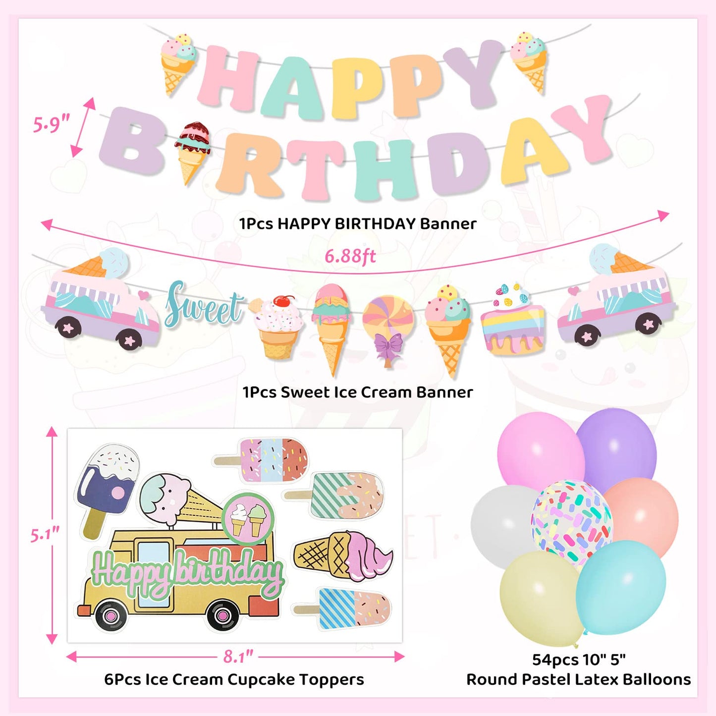 Ouddy Party 75Pcs Ice Cream Birthday Decorations for Girls – Pastel Balloon Arch Kit, Banners & Cupcake Toppers