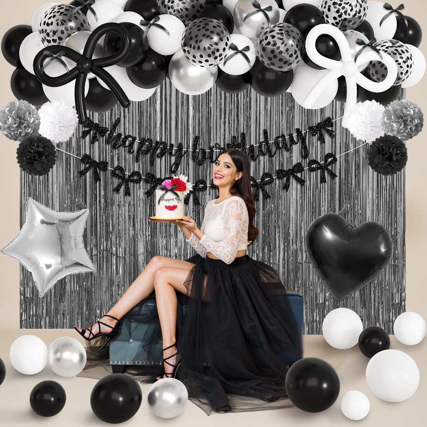 Ouddy Party Black Bow Birthday Decorations – Coquette Black & White Theme Kit