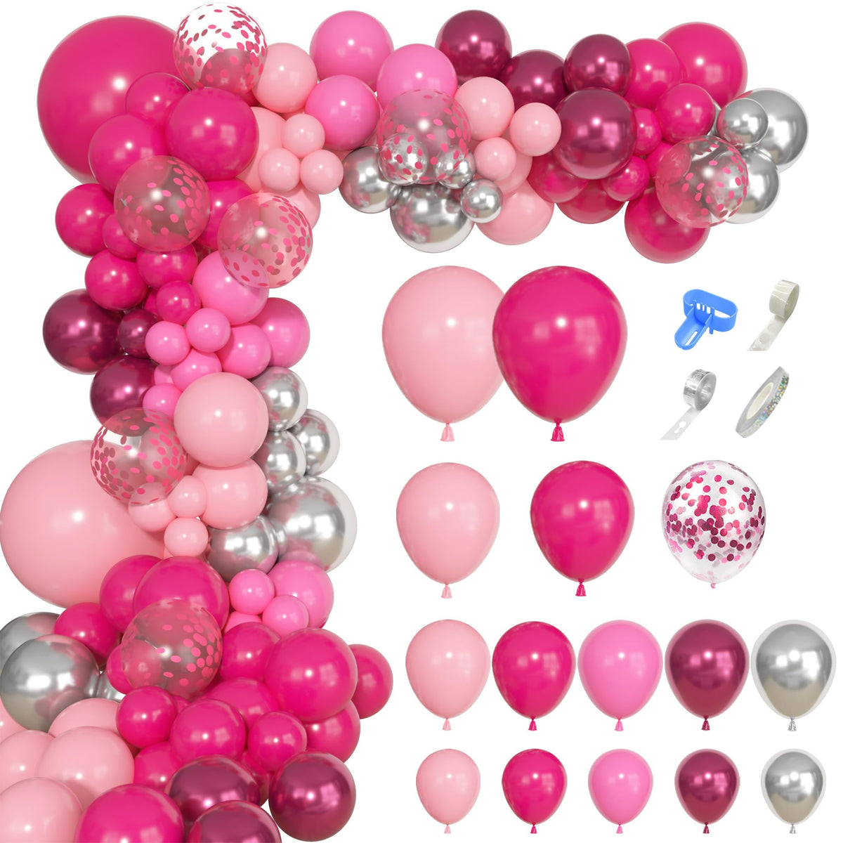 Ouddy Party 145Pcs Princess Pink & Silver Valentines Balloon Garland Arch Kit