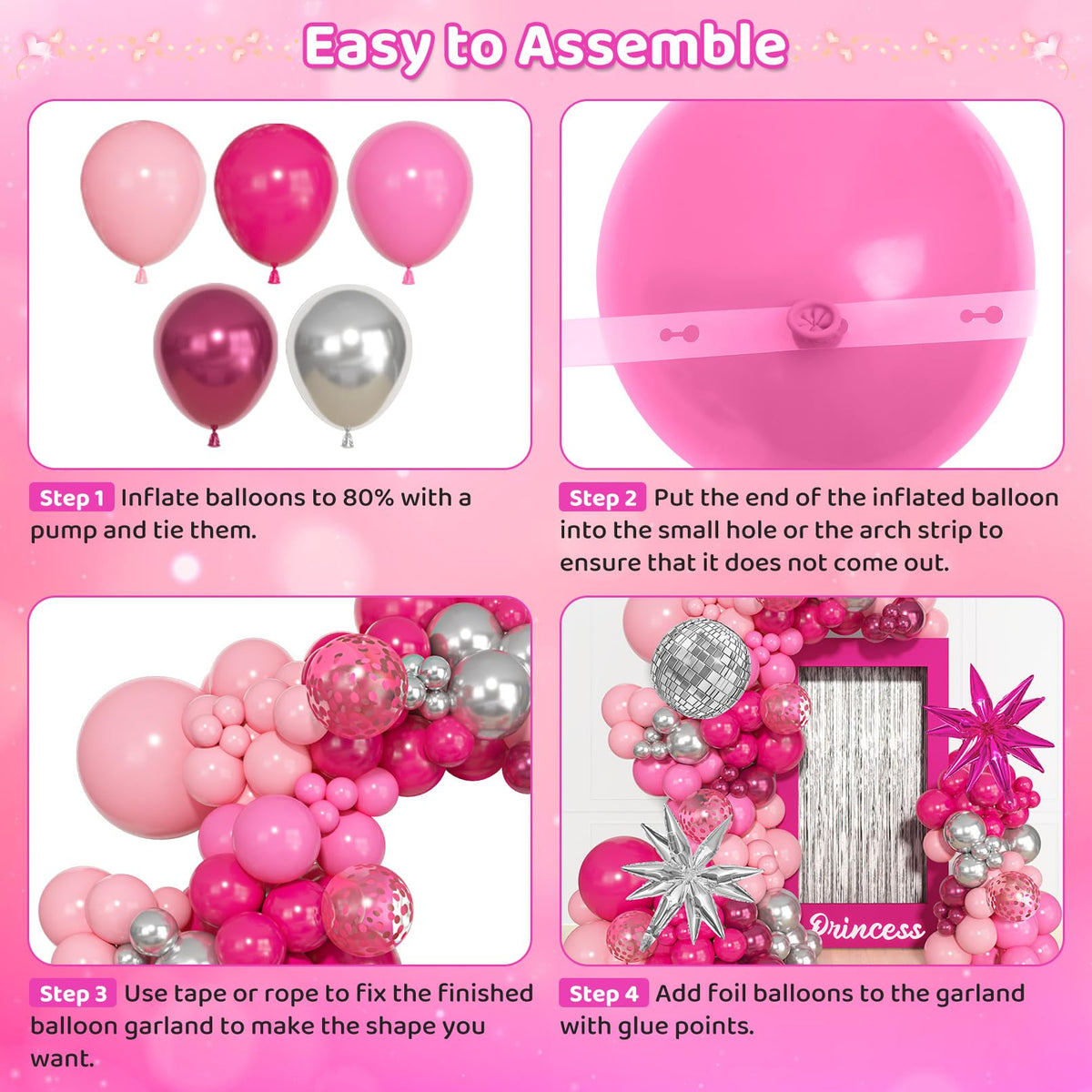 Ouddy Party 145Pcs Princess Pink & Silver Valentines Balloon Garland Arch Kit