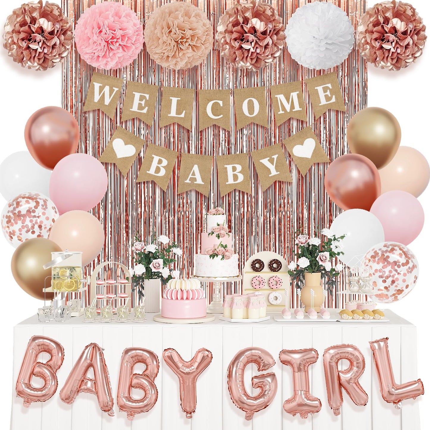 Ouddy Party Rose Gold Baby Shower Decorations – Banner, Balloons & Fringes
