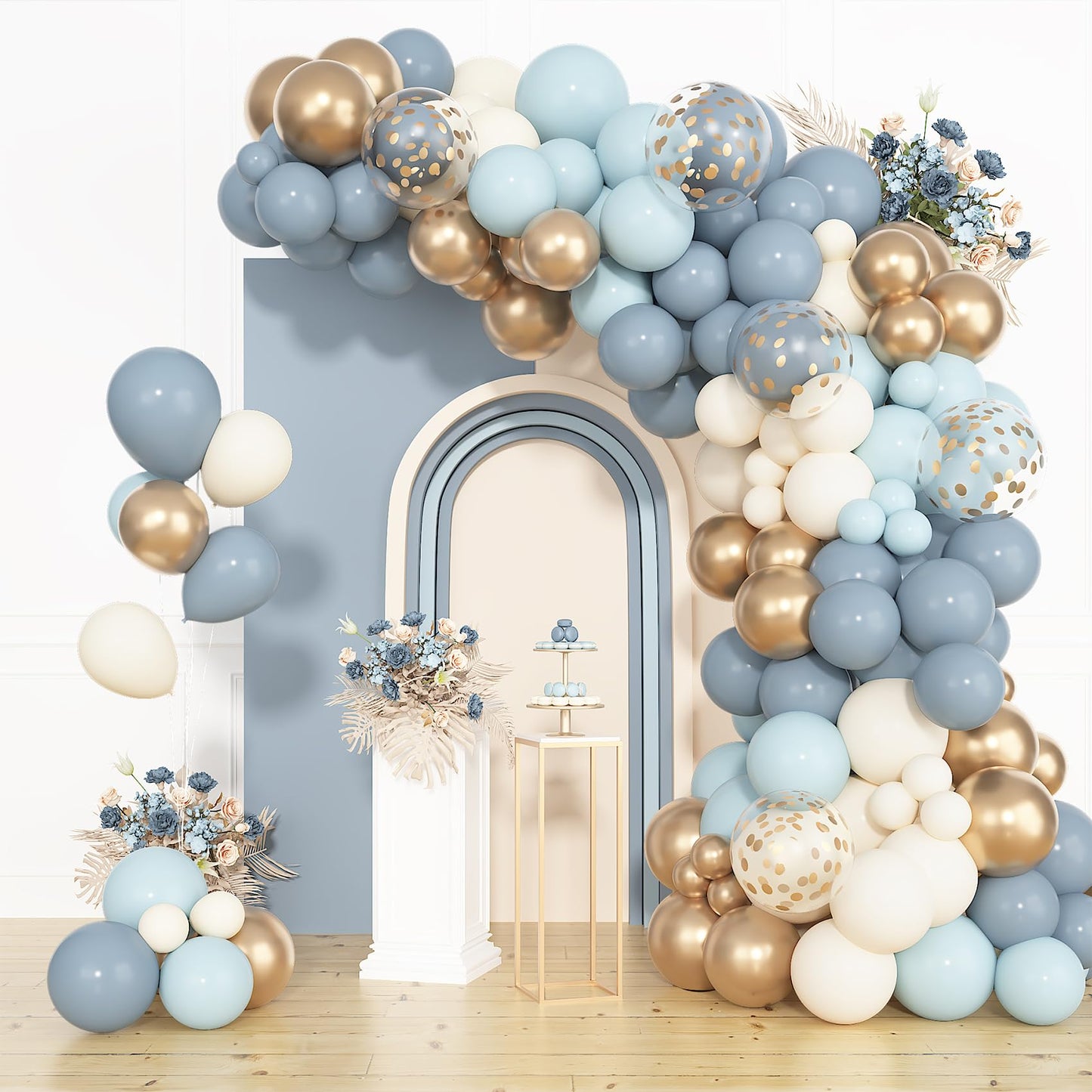 Ouddy Party 72pcs Dusty Blue & Gold Balloons Set – 12in Latex Confetti & Pastel Mix