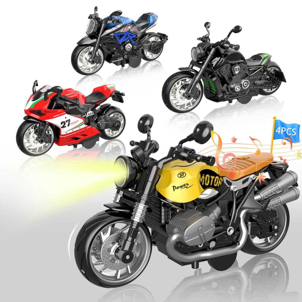 OUFOTAT Kids Motorcycle 4-Pack – Pull-Back, Light-Up, Sound Toys