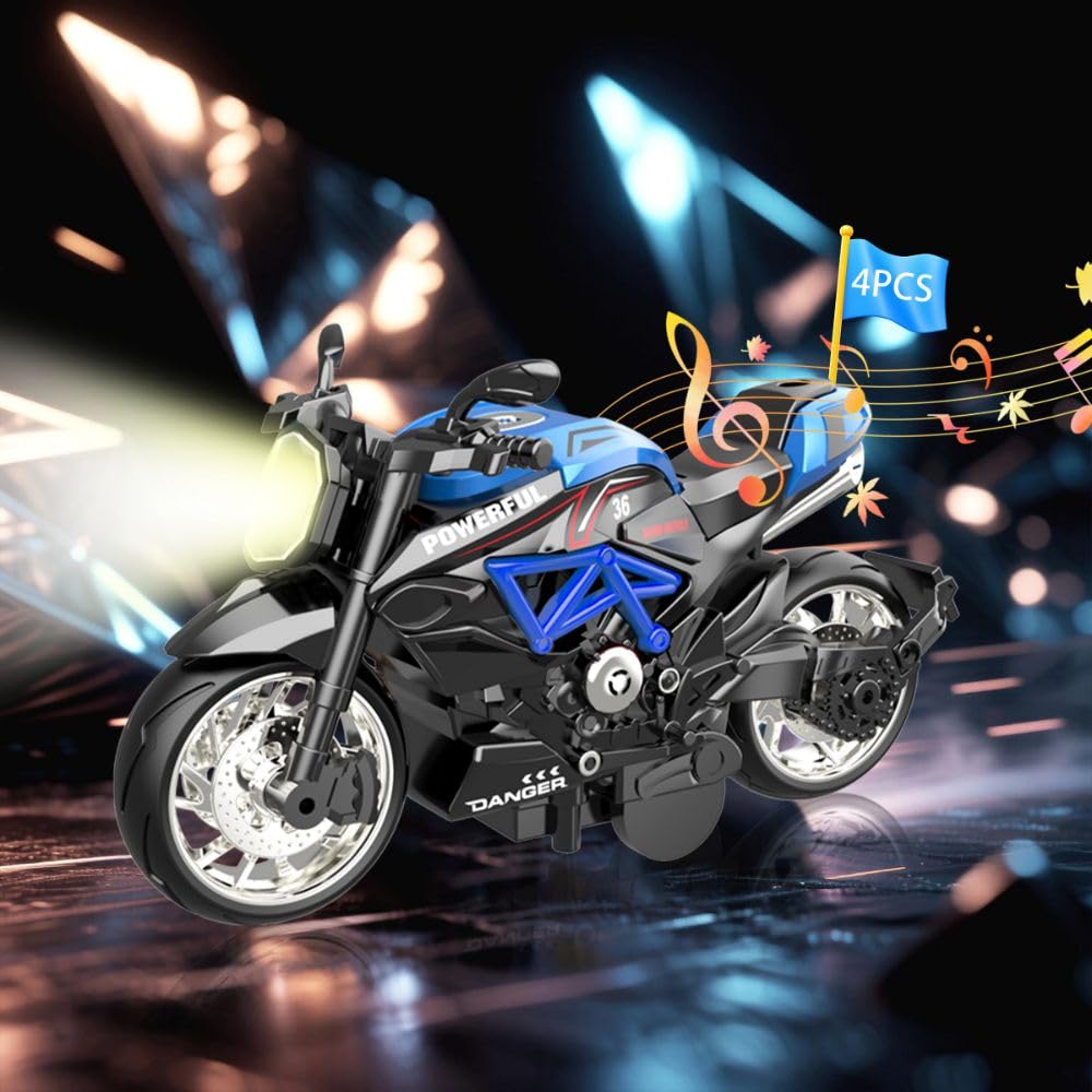 OUFOTAT Kids Motorcycle 4-Pack – Pull-Back, Light-Up, Sound Toys