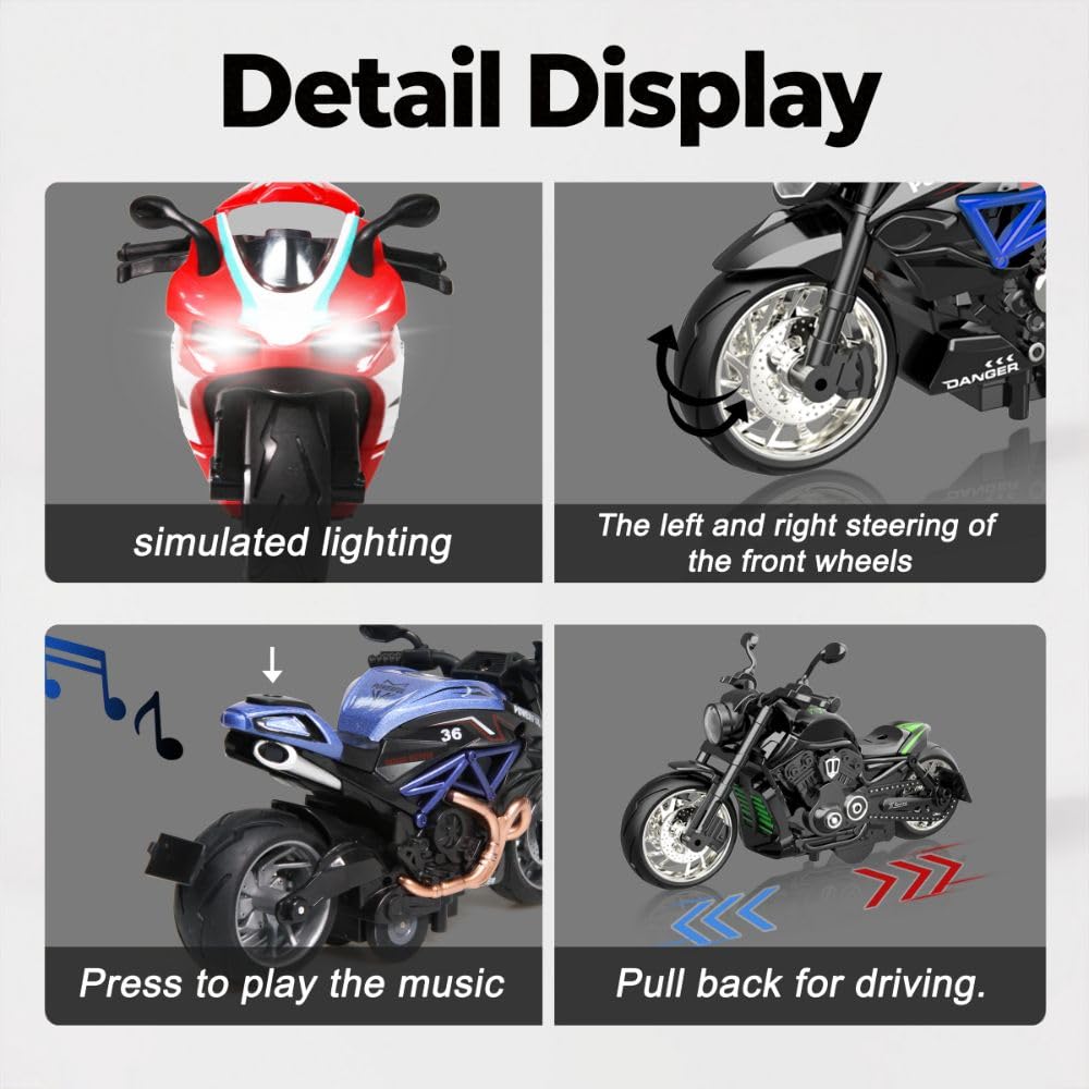 OUFOTAT Kids Motorcycle 4-Pack – Pull-Back, Light-Up, Sound Toys
