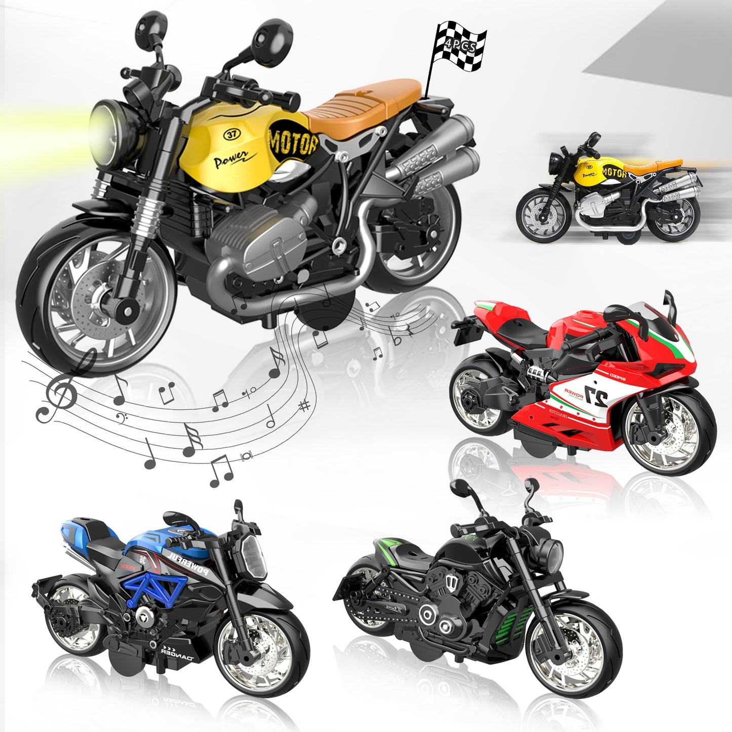 OUFOTAT Kids Motorcycle 4-Pack – Pull-Back, Light-Up, Sound Toys