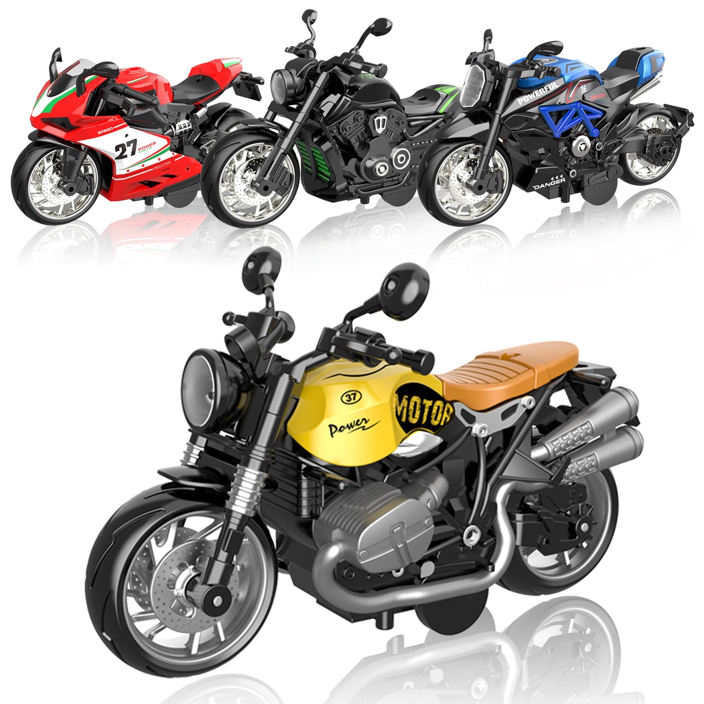 OUFOTAT Kids Motorcycle 4-Pack – Pull-Back, Light-Up, Sound Toys