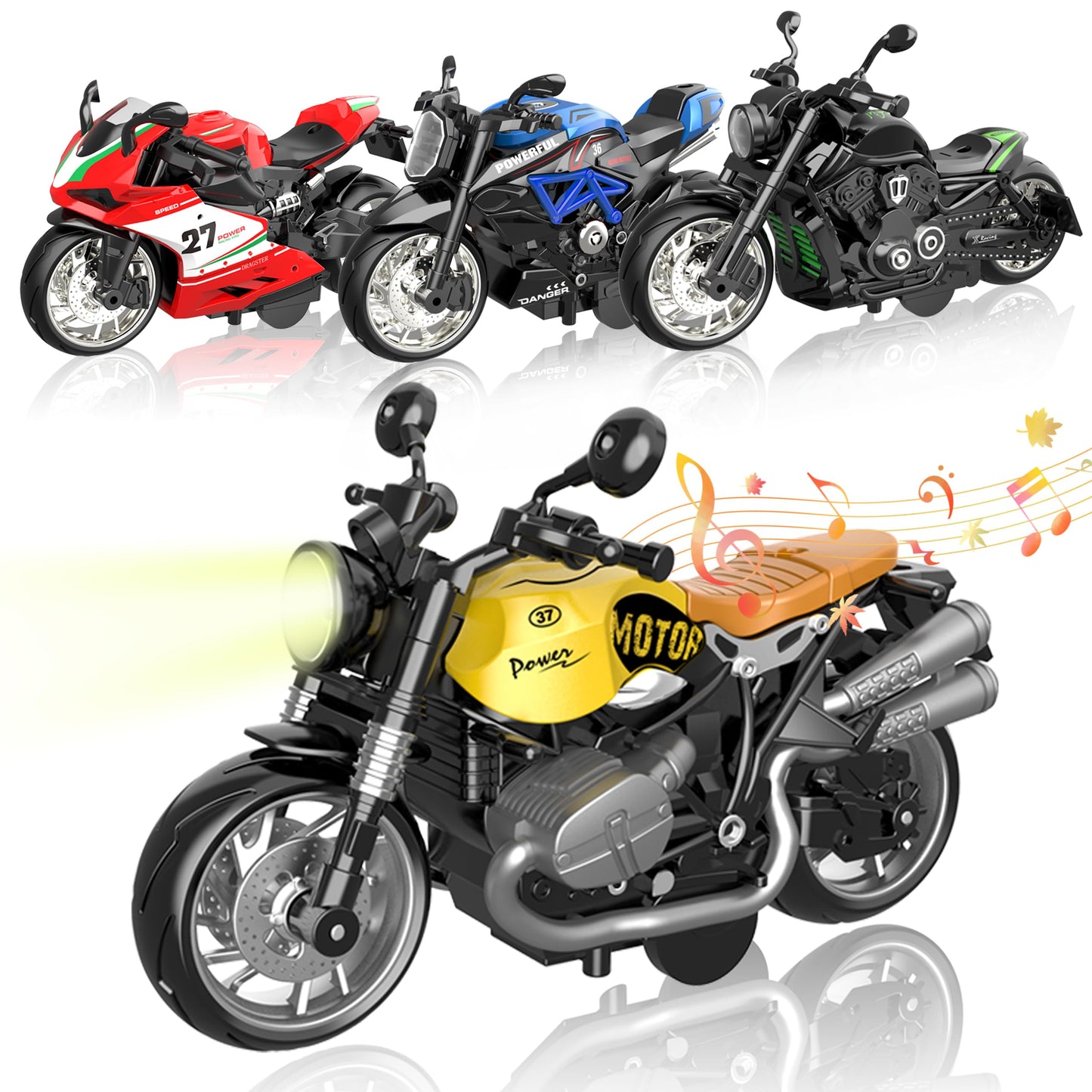 OUFOTAT Kids Motorcycle 4-Pack – Pull-Back, Light-Up, Sound Toys