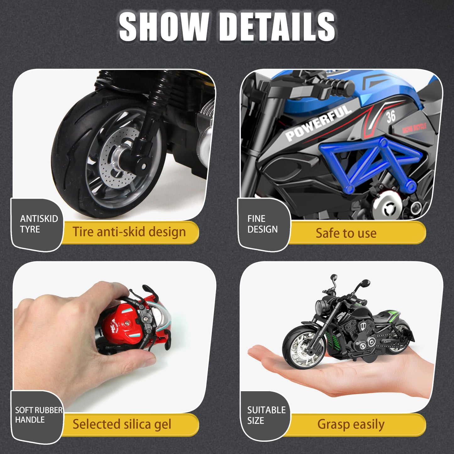 OUFOTAT Pull Back Motorcycle Toys 4 Pack – LED Lights & Realistic Sounds, Die-Cast Mini Vehicles for Kids 3+