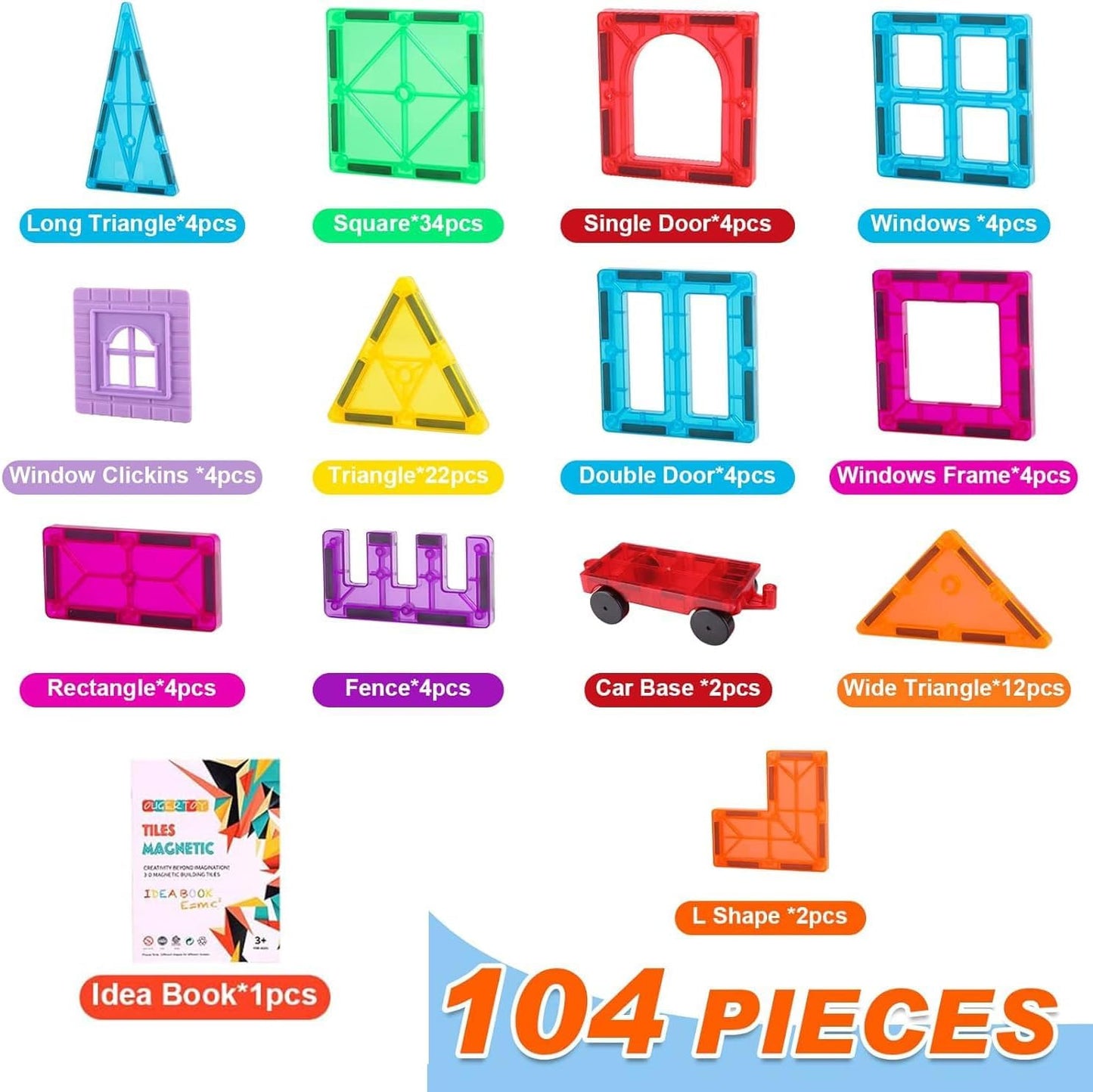 OugerToy 104PCS Magnetic Building Tiles – STEM Blocks for Kids 3-9