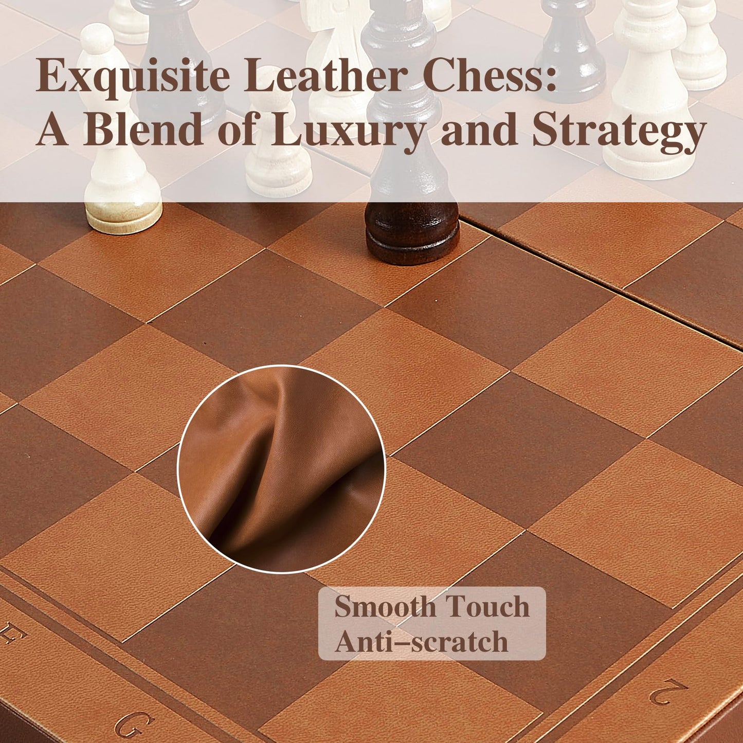 OUMODA Magnetic Chess Set – 15-4 Inch Leather Board, Handmade Pieces, 2 Bonus Queens, Foldable Travel