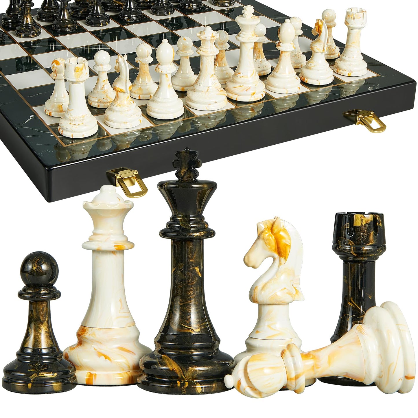 Oumoda 15-Inch Large Chess Set with Extra Queens | Weighted Acrylic Pieces & Folding Marble Board