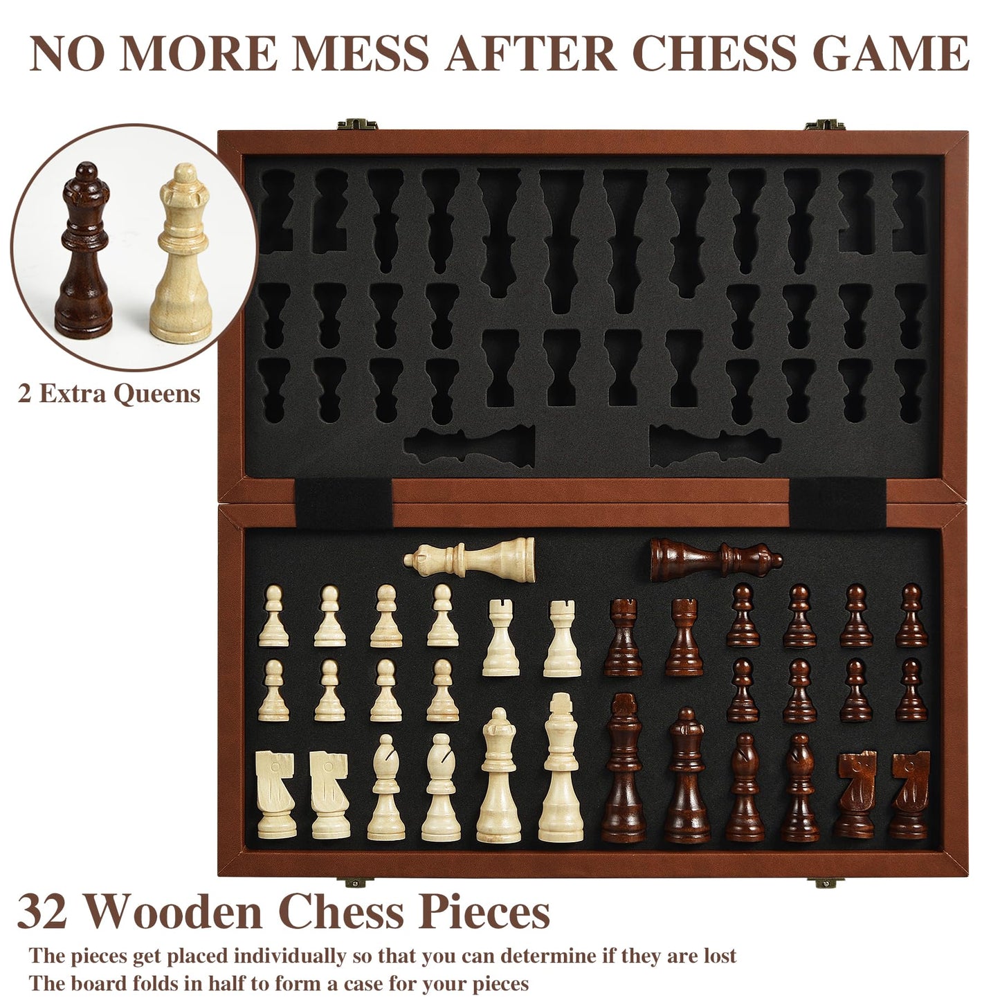 OUMODA Magnetic Chess Set – 15-4 Inch Leather Board, Handmade Pieces, 2 Bonus Queens, Foldable Travel