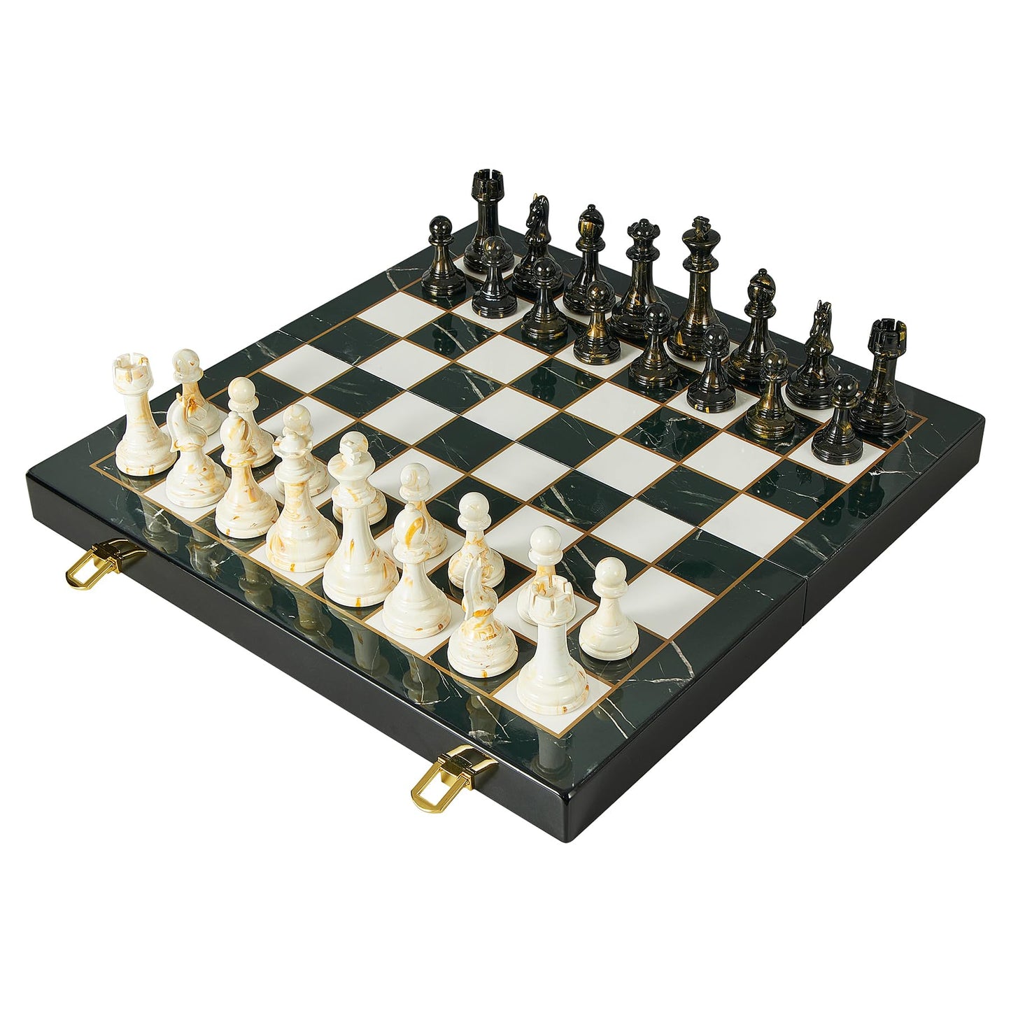Oumoda 15-Inch Large Chess Set with Extra Queens | Weighted Acrylic Pieces & Folding Marble Board