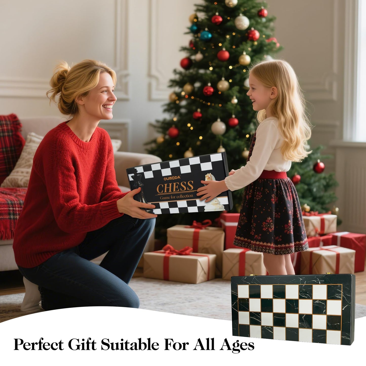 Oumoda 15-Inch Large Chess Set with Extra Queens | Weighted Acrylic Pieces & Folding Marble Board