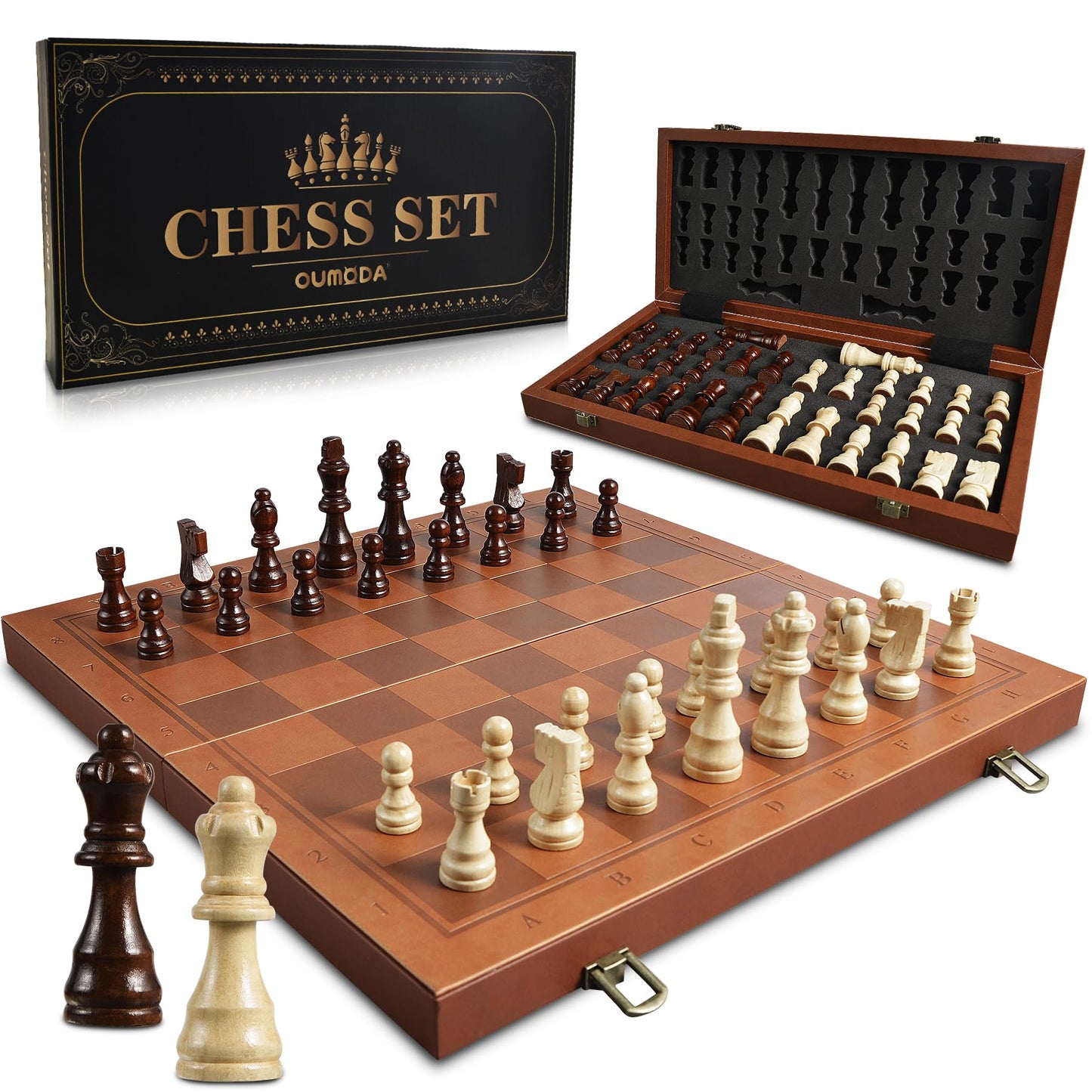 OUMODA Magnetic Chess Set – 15-4 Inch Leather Board, Handmade Pieces, 2 Bonus Queens, Foldable Travel