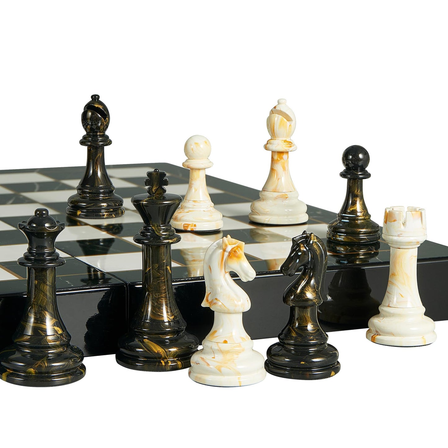 Oumoda 15-Inch Large Chess Set with Extra Queens | Weighted Acrylic Pieces & Folding Marble Board