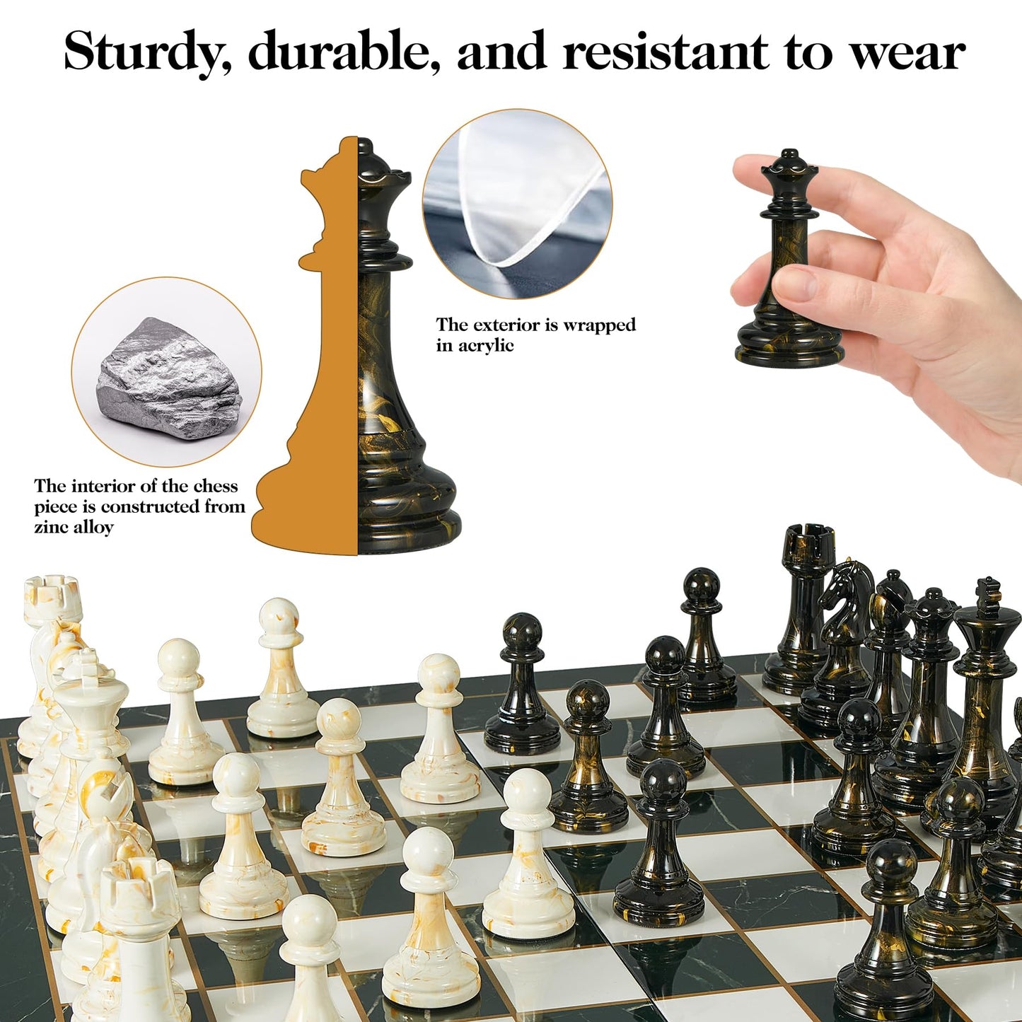 Oumoda 15-Inch Large Chess Set with Extra Queens | Weighted Acrylic Pieces & Folding Marble Board