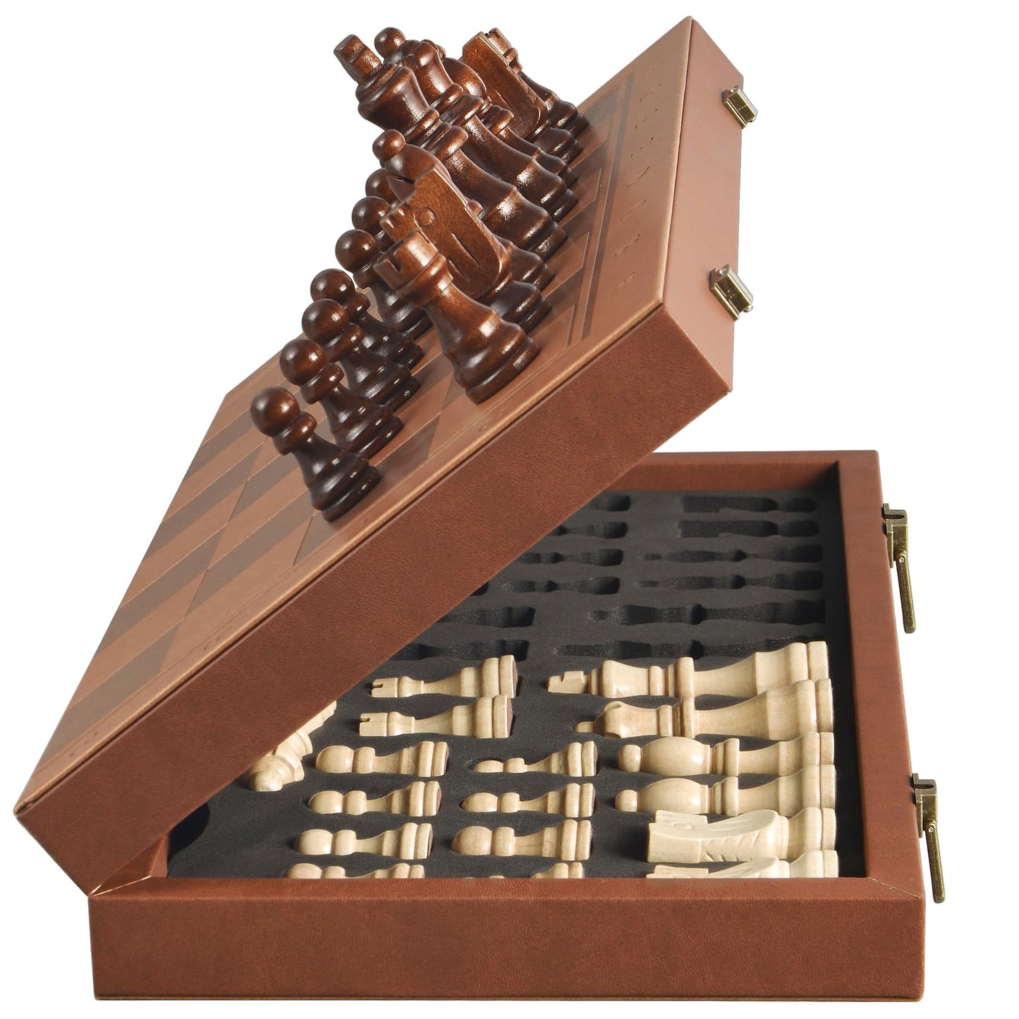 OUMODA Magnetic Chess Set – 15-4 Inch Leather Board, Handmade Pieces, 2 Bonus Queens, Foldable Travel