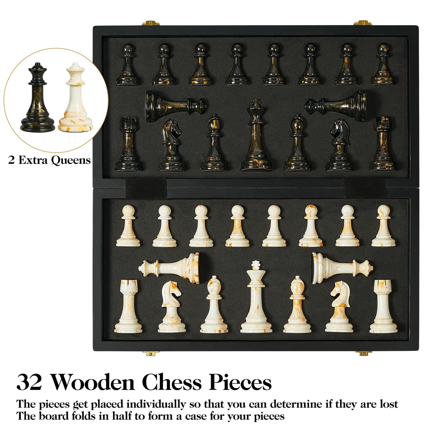 Oumoda 15-Inch Large Chess Set with Extra Queens | Weighted Acrylic Pieces & Folding Marble Board