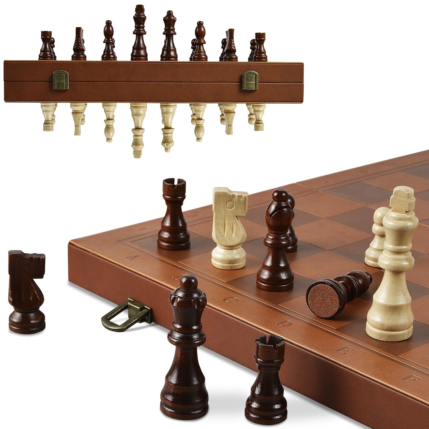 OUMODA Magnetic Chess Set – 15-4 Inch Leather Board, Handmade Pieces, 2 Bonus Queens, Foldable Travel