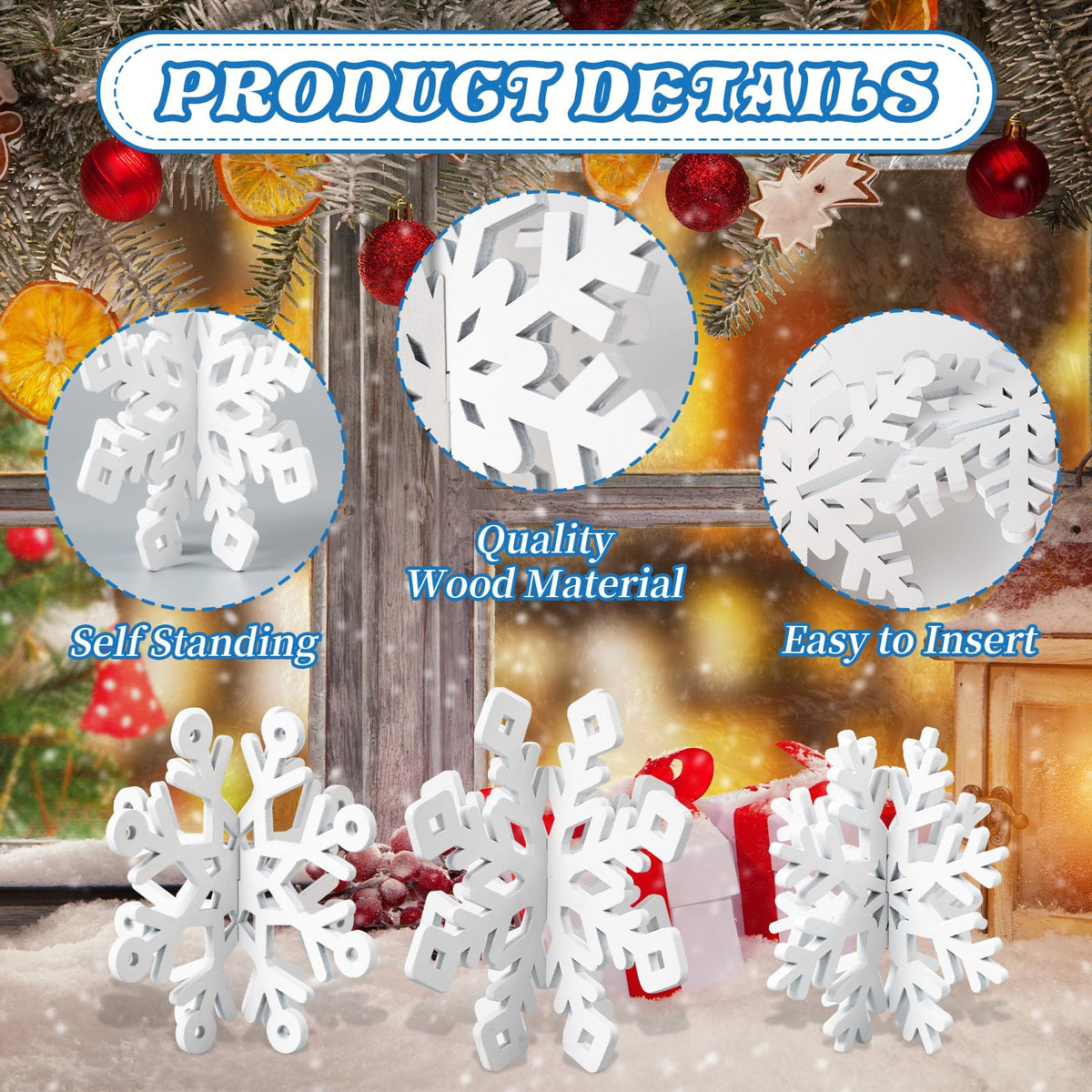 OuMuaMua 6-Set White Wooden 3D Snowflake Table Centerpieces – 12 pcs Christmas Decor