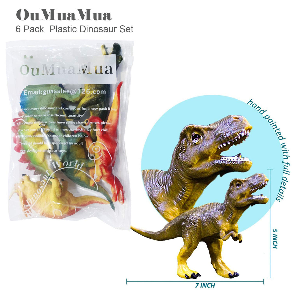 OuMuaMua Dinosaur Toys – 6 Pack Large 6–7 Inch Plastic Dino Figures for Imaginative Play