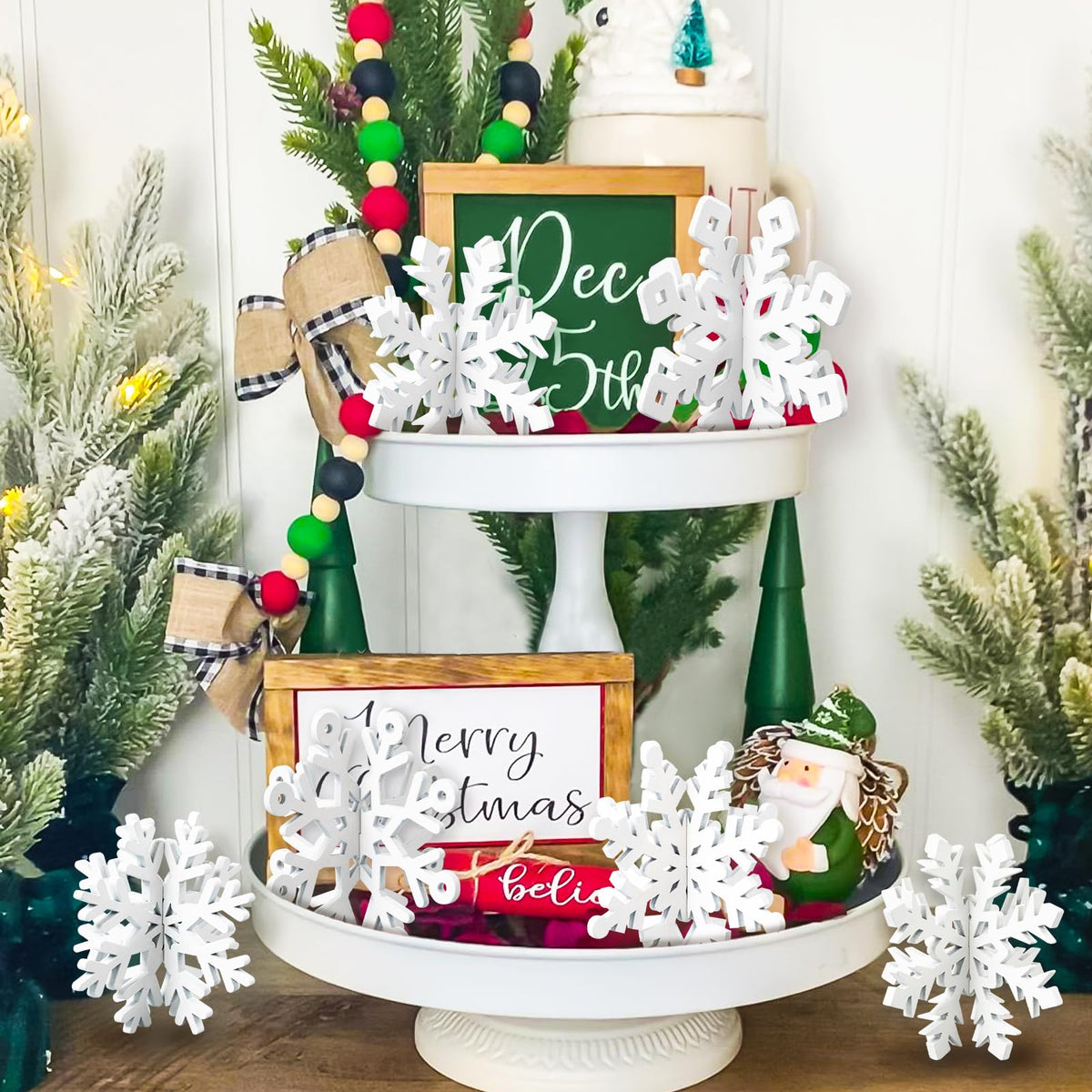 OuMuaMua 6-Set White Wooden 3D Snowflake Table Centerpieces – 12 pcs Christmas Decor