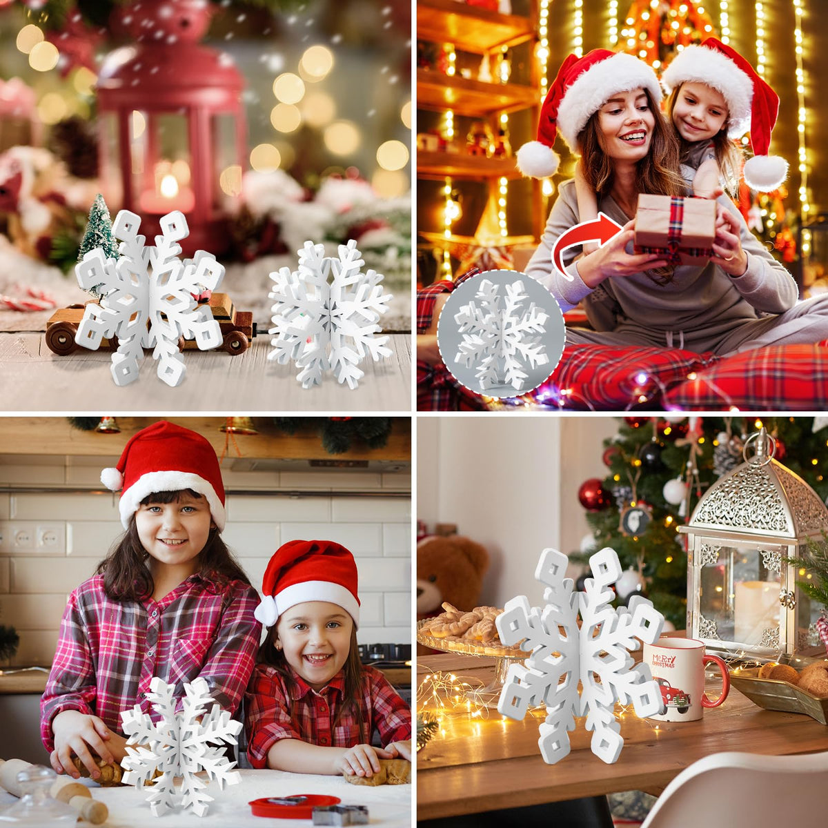 OuMuaMua 6-Set White Wooden 3D Snowflake Table Centerpieces – 12 pcs Christmas Decor
