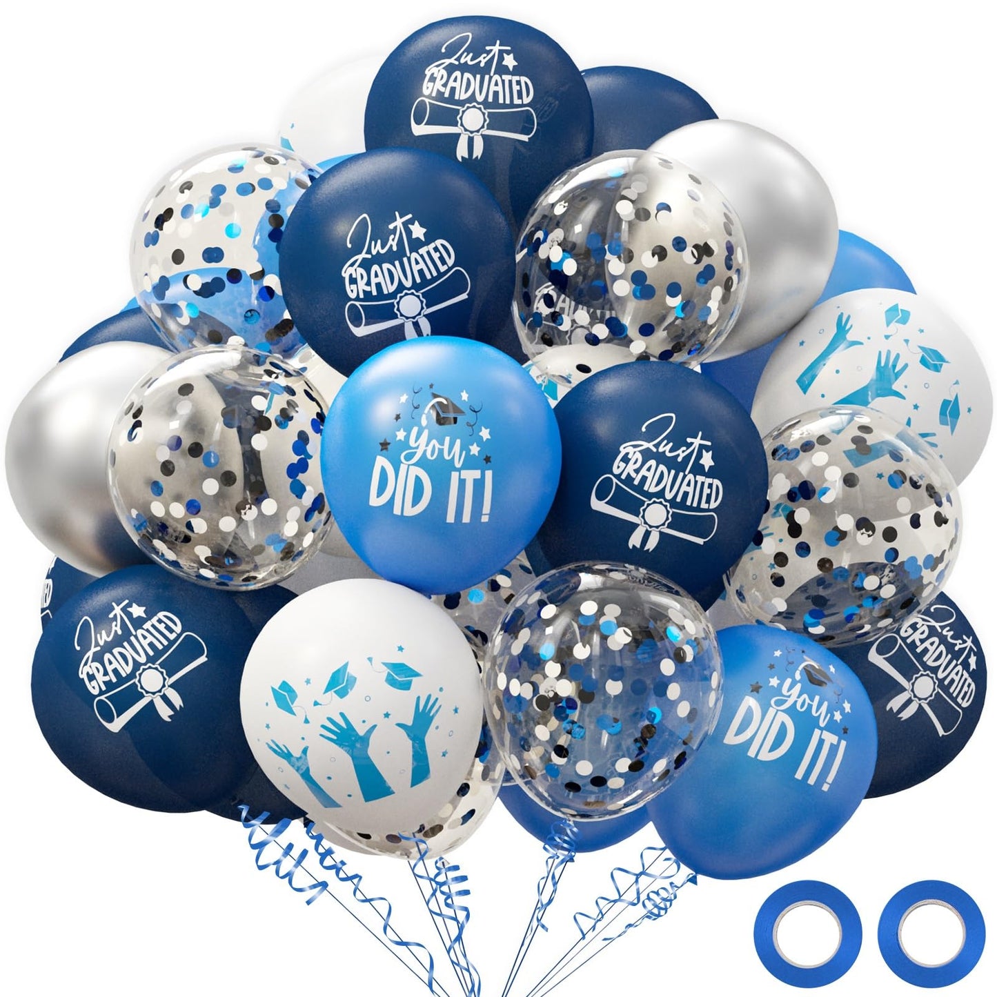 OuMuaMua 70pcs Graduation Balloon Kit – Blue, White & Silver for Class of 2026