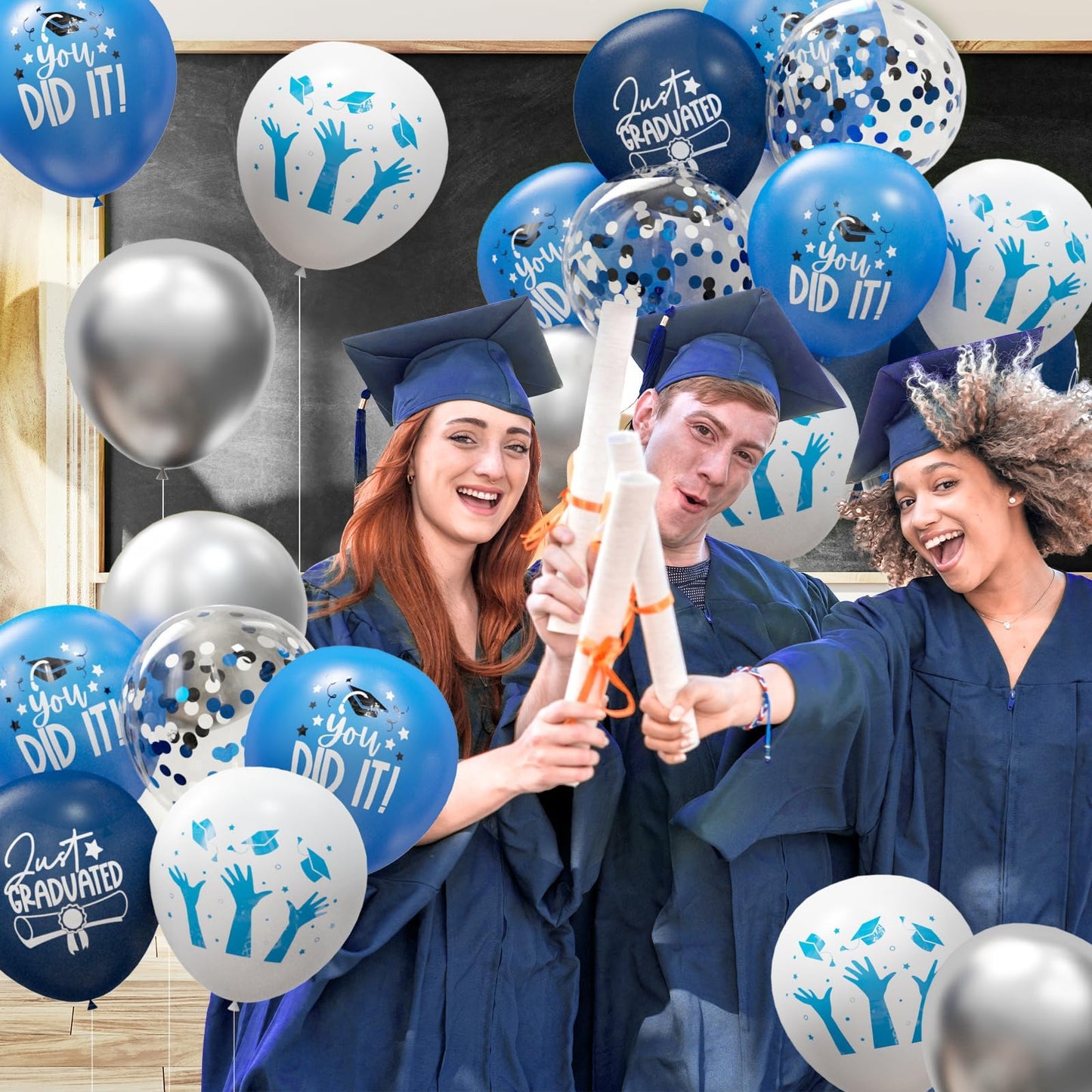 OuMuaMua 70pcs Graduation Balloon Kit – Blue, White & Silver for Class of 2026