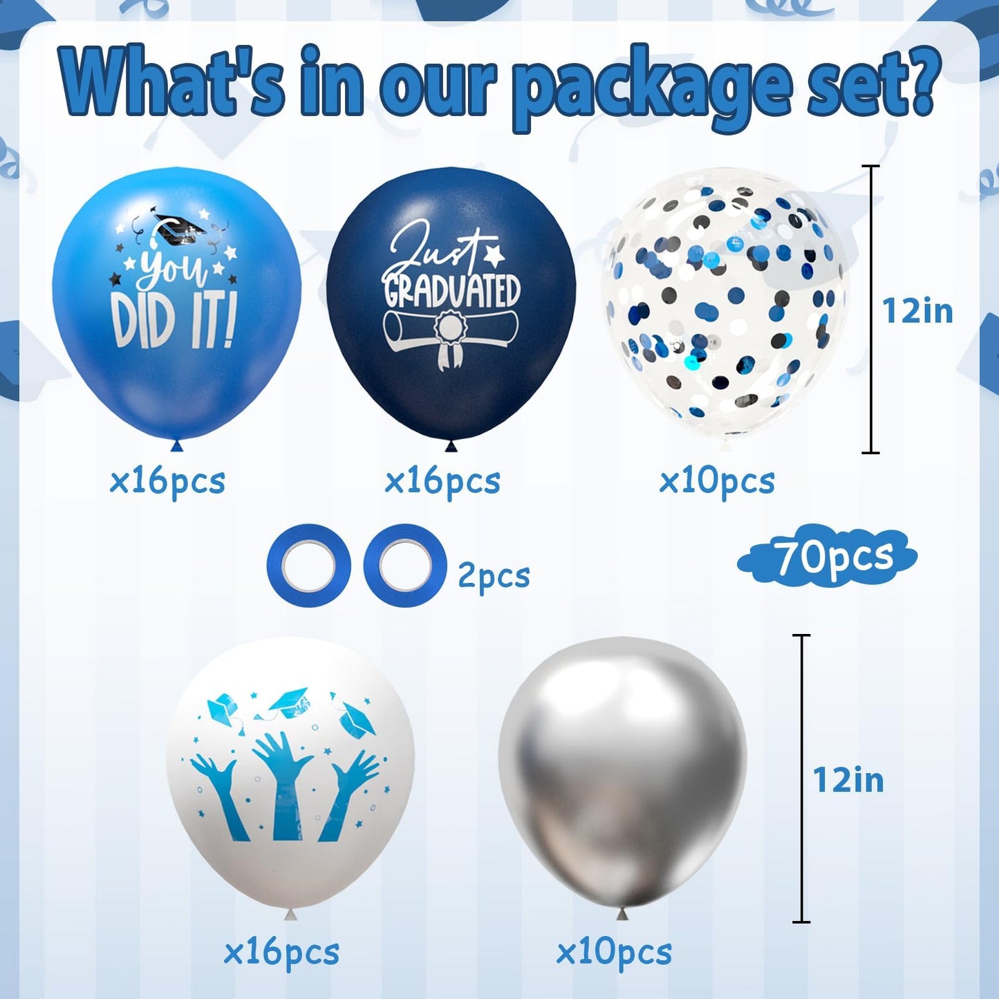 OuMuaMua 70pcs Graduation Balloon Kit – Blue, White & Silver for Class of 2026