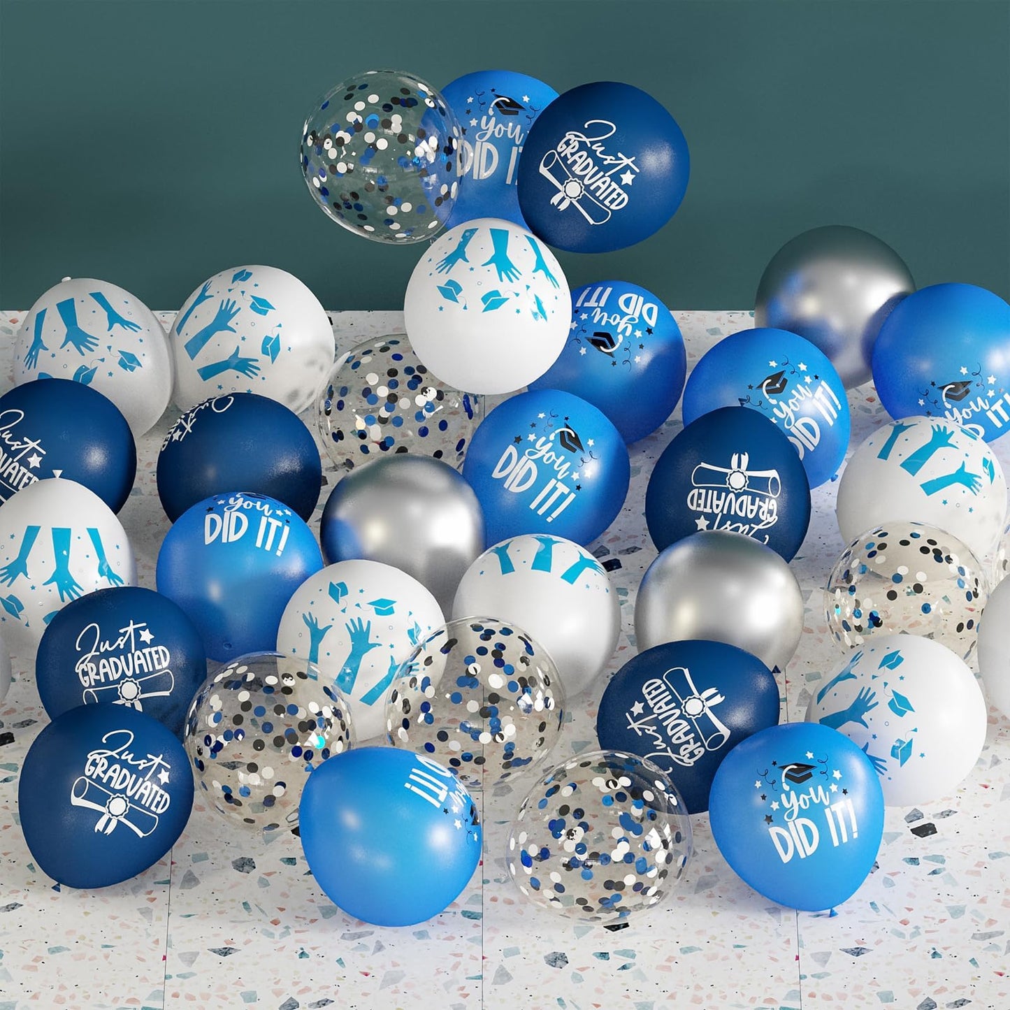 OuMuaMua 70pcs Graduation Balloon Kit – Blue, White & Silver for Class of 2026
