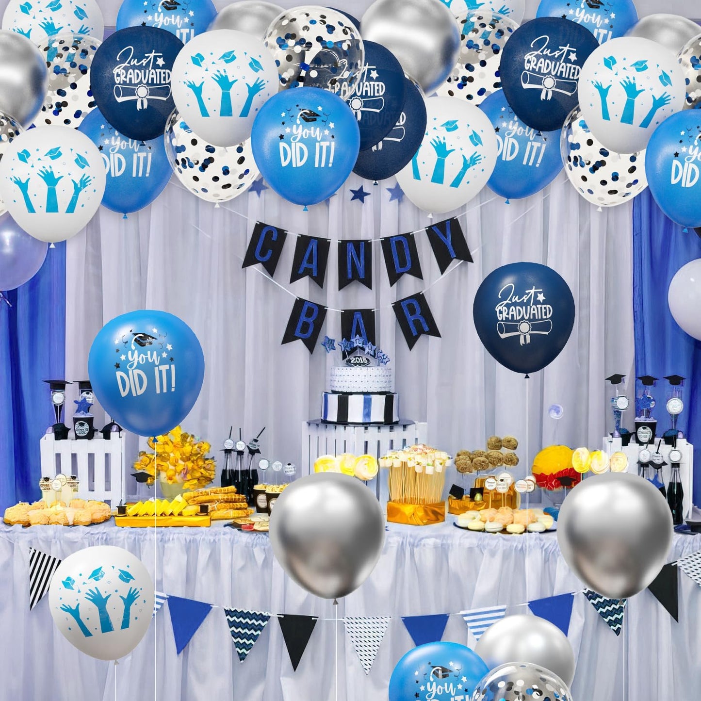 OuMuaMua 70pcs Graduation Balloon Kit – Blue, White & Silver for Class of 2026