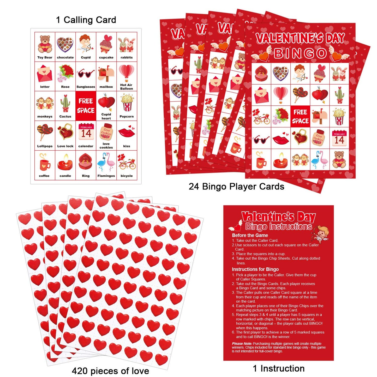 OUNENO Valentines Day Bingo Cards – 24-Player Set for Classroom Parties & Home Activities