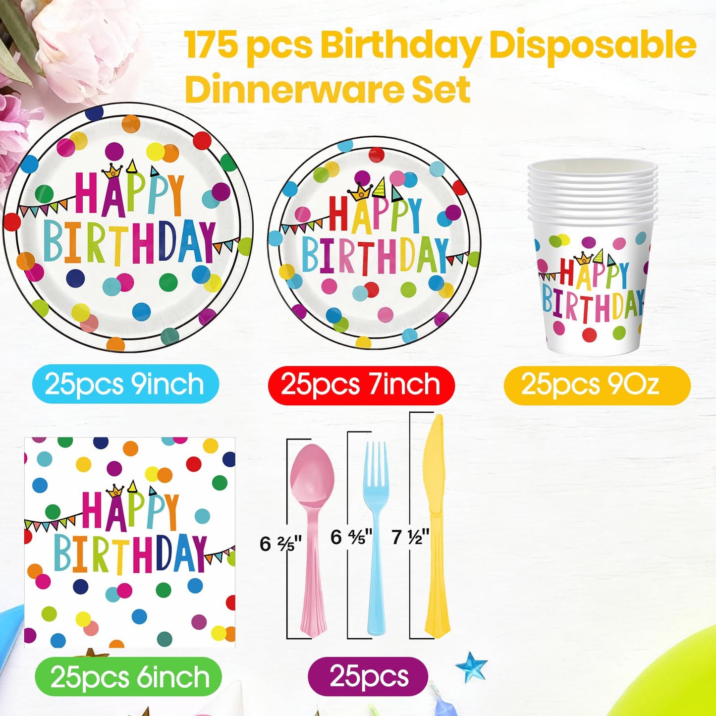 OUNIY Birthday Plates & Napkins Set – 175 Pcs for Kids' Party (Serves 25)