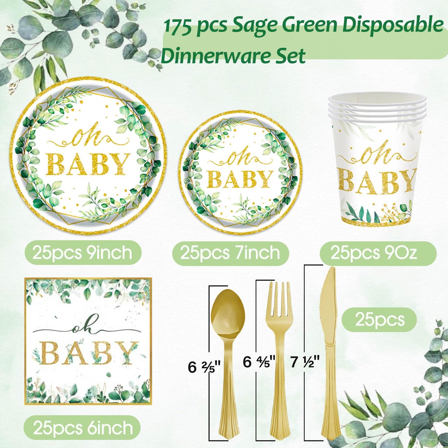 Sage Greenery 175-Piece Baby Shower Tableware Set by OUNIY