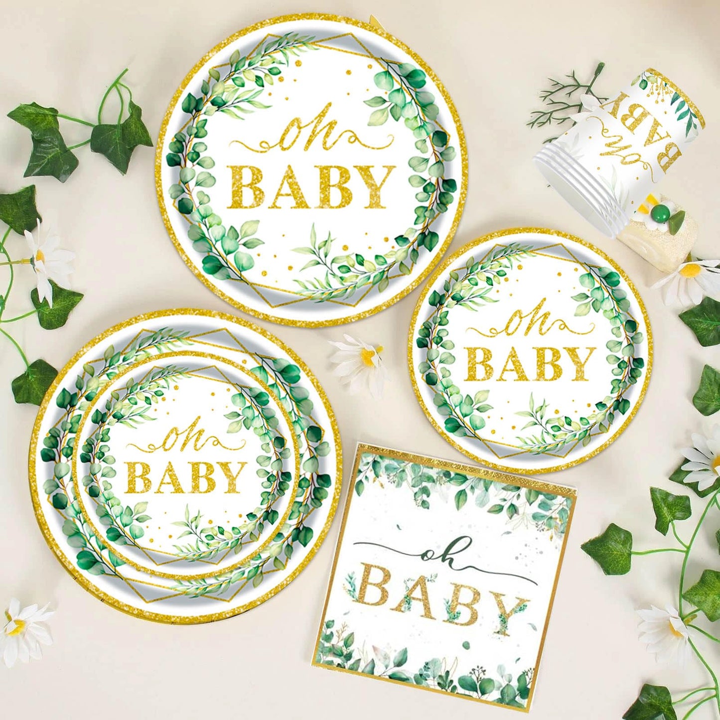 Sage Greenery 175-Piece Baby Shower Tableware Set by OUNIY