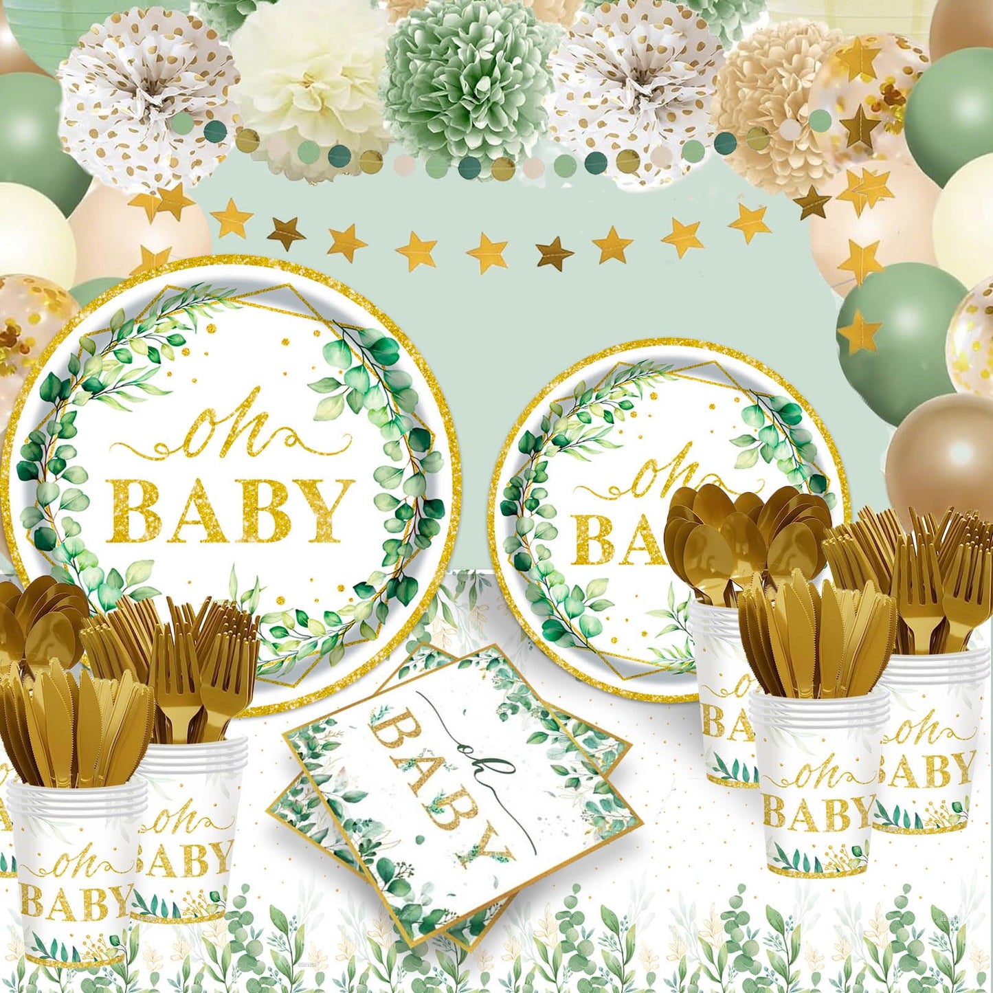 Sage Greenery 175-Piece Baby Shower Tableware Set by OUNIY