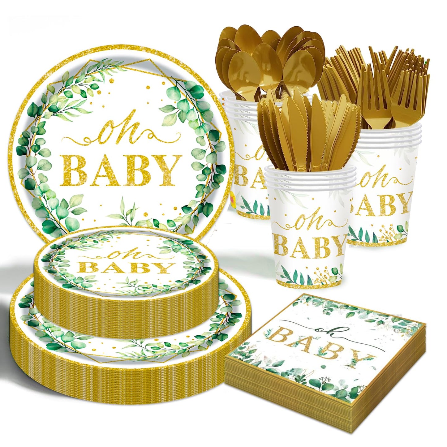 Sage Greenery 175-Piece Baby Shower Tableware Set by OUNIY