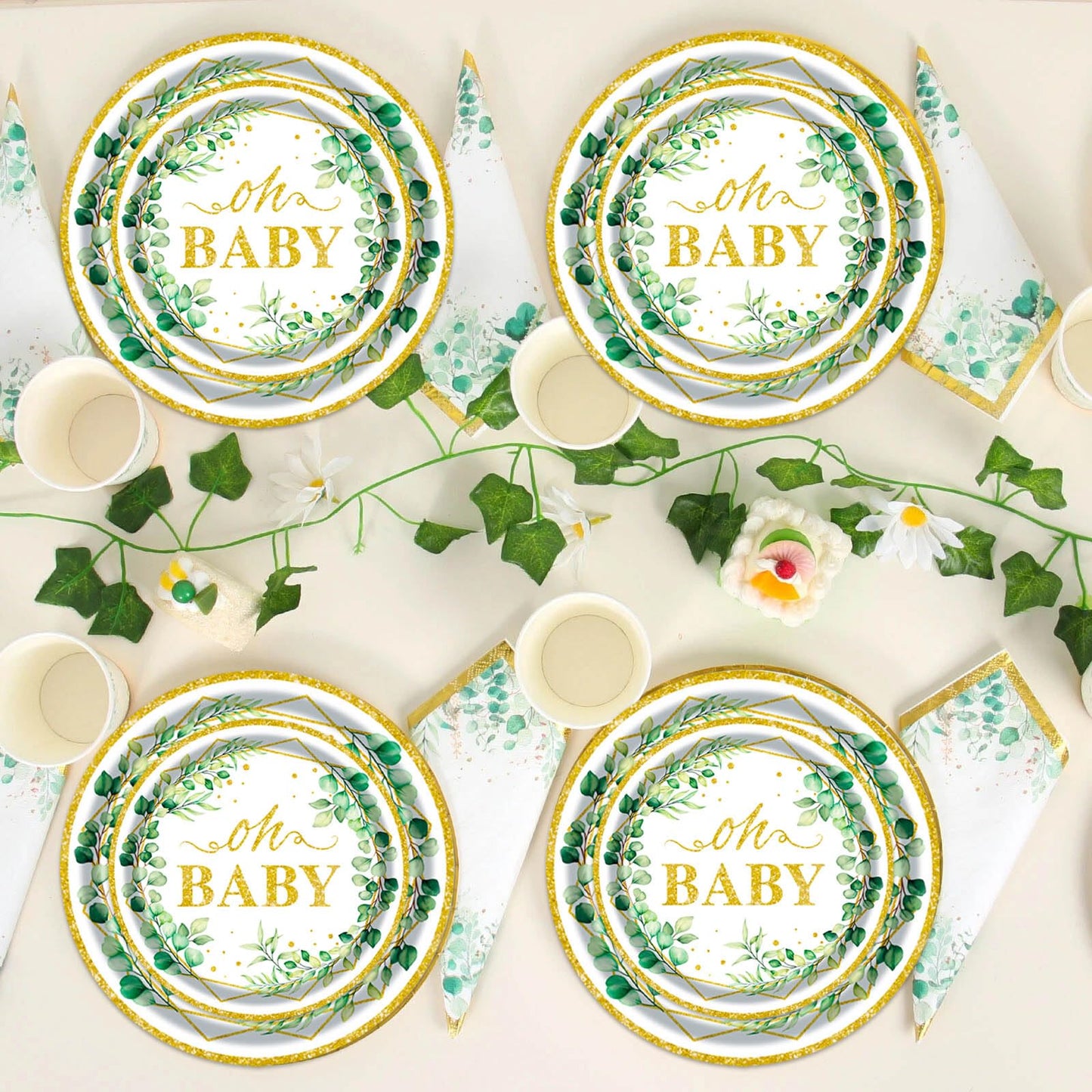 Sage Greenery 175-Piece Baby Shower Tableware Set by OUNIY