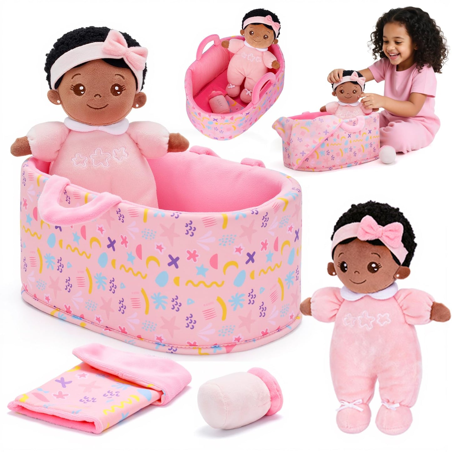 OUOZZZ 10in Black Soft Baby Doll Set with Bassinet, Blanket & Bottle – Pretend Play Toy for Ages 2+