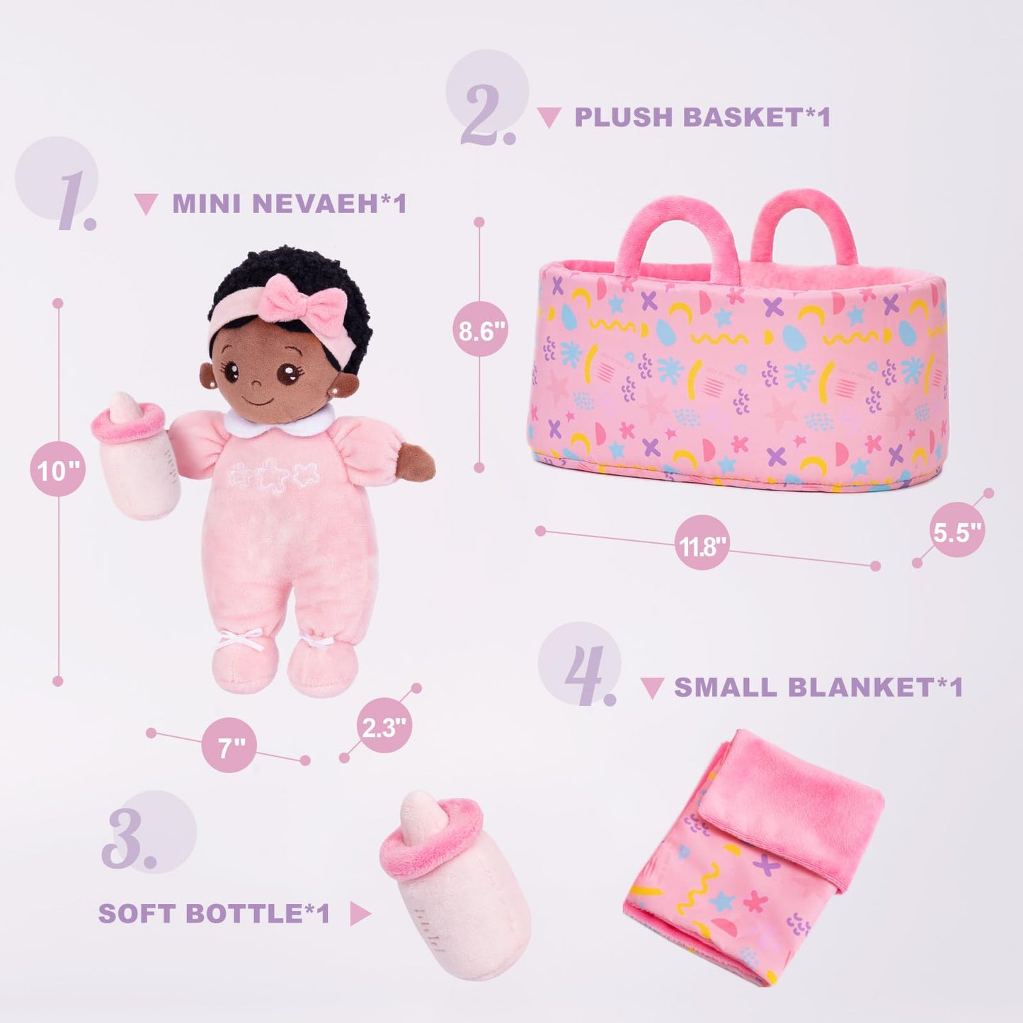 OUOZZZ 10in Black Soft Baby Doll Set with Bassinet, Blanket & Bottle – Pretend Play Toy for Ages 2+